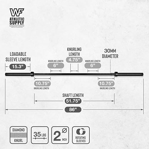 Miniatura 2 de WF Athletic Supply Barra olímpica de acero sólido con peso de 7 pies y 2 pulgadas, para levantamiento de pesas, prensa de banco, entrenamiento de
