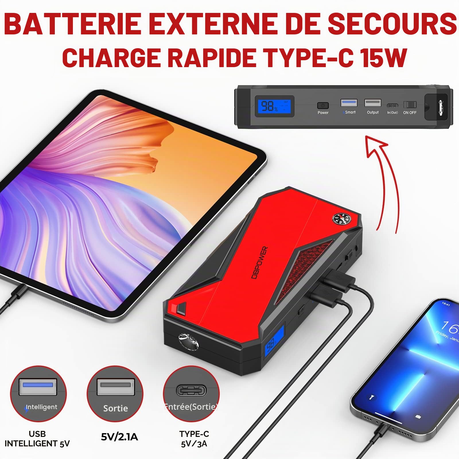 DBPOWER Démarreur de batterie de voiture 1600 A 12 V, démarreur portable avec pinces intelligentes, boussole, lampe LED et port Type-C, pack de booster de batterie pour moteurs essence jusqu'à 7,2 L