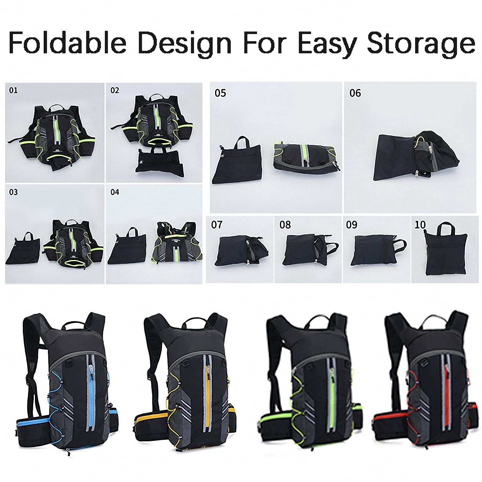 Zaino Pieghevole per Sacca Acqua con Sacca idratazione 2L,Zainetto da Esterno Uomo Donna per Sci,Caccia Daypack,Borsa MTB Impermeabile Ultraleggera e traspirante-10L/280g
