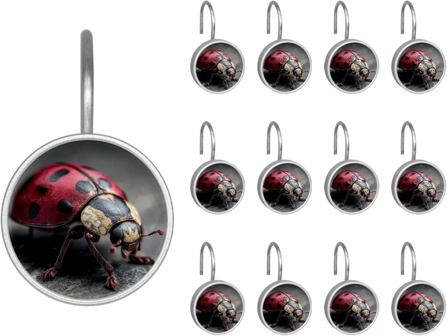 Ladybug (1) Rolling Shower Curtain Hooks,Clear Crystal Glass Art Decorative Stainless Bath Bathroom Set 12 Pcs