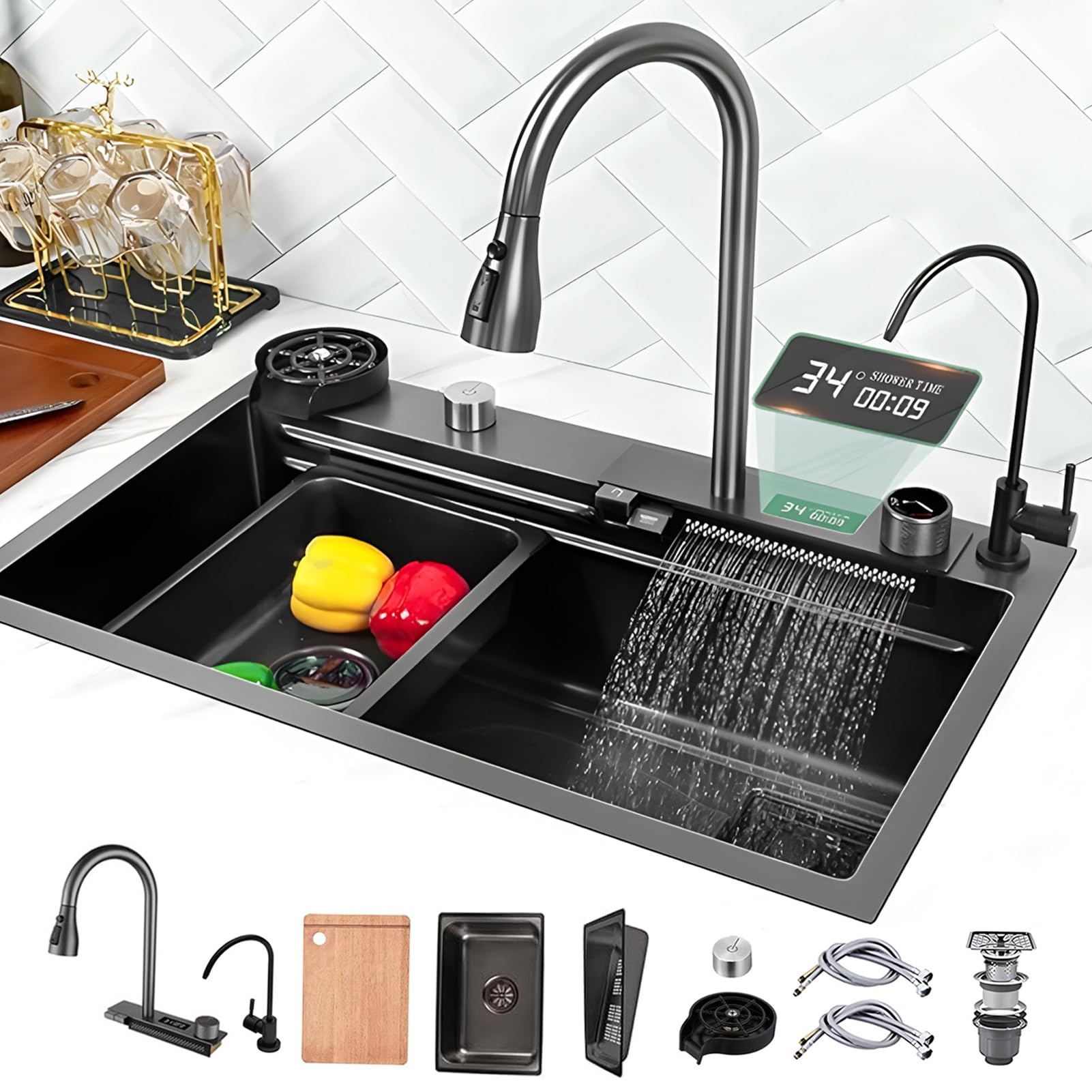 YADZISW Stainless Steel Workstation Sink with Waterfall Faucet & Digital Display Nano Coated Topmount Single Bowl Deep Capacity Multi Purpose Kitchen (Black 80cm)