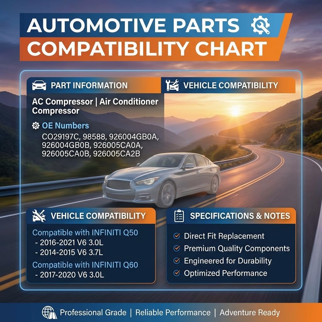 A/C Compressor with Clutch Assembly for Infiniti Q50 Q60 2014-2021 V6 3.0L 3.7L, Replace for CO29197C 98588 926004GB0A 926005CA0A