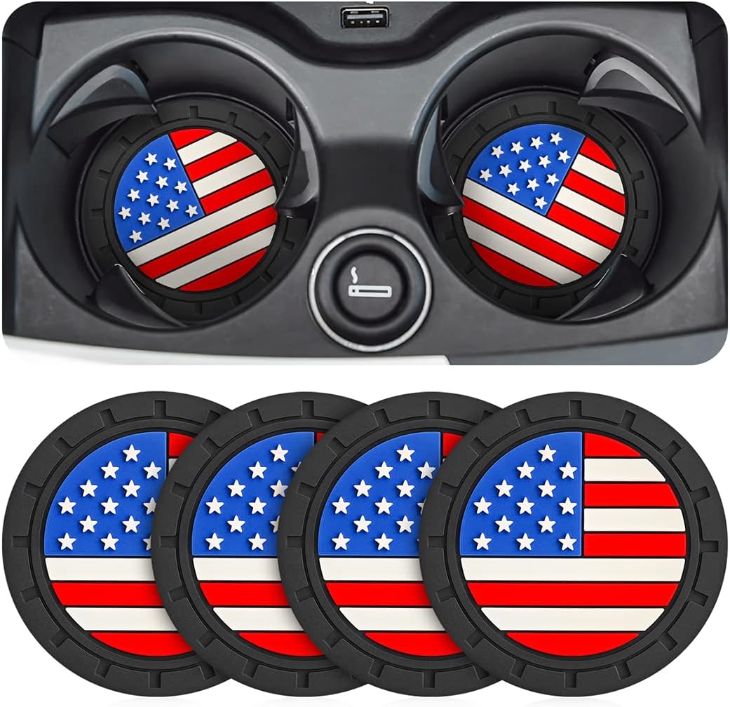 AUCELI 4 Pack Car Cup Holder Coasters, Colored American Flag US Flag Insert Car Cup Coaster, 2.75 Inch Anti Slip Shockproof Embedded Drink Mat, Vehicle Interior Decor Accessories