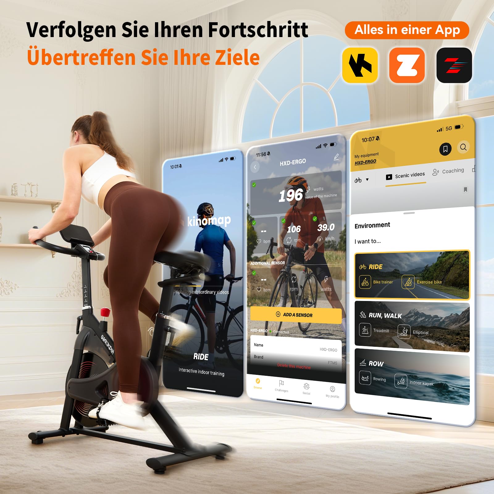 HXD-ERGO Heimtrainer Fahrrad mit Verstellbarem Widerstand, Leises Hometrainer Fahrrad mit Verbessertem LCD-Monitor, Tablet-Halter, Indoor Cycling Bike für Kardiotraining zu Hause, Bis 150KG