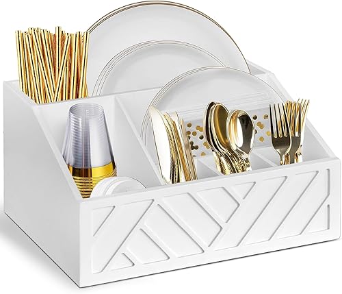 Dispensador de platos de papel, soporte de platos de papel para encimera de cocina, organizador de cubiertos rústico de madera, caja organizadora de