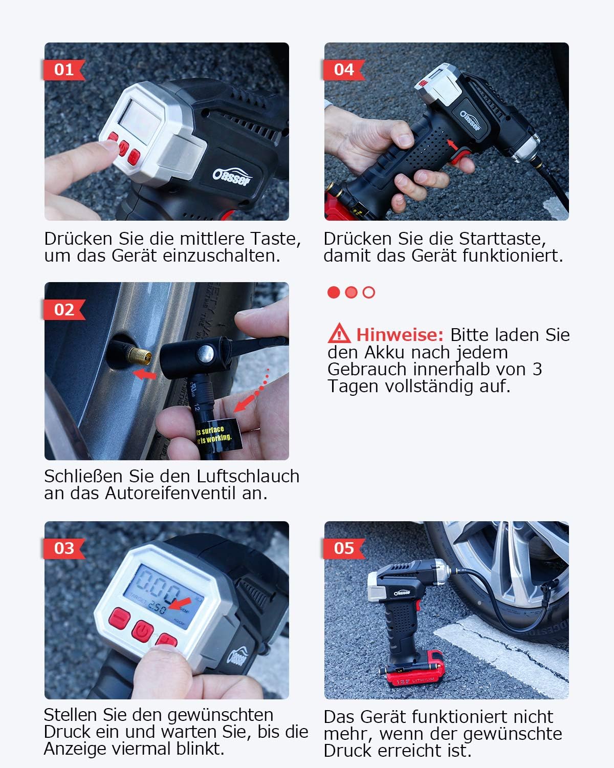 Step-by-step guide for using the Oasser P2A air compressor