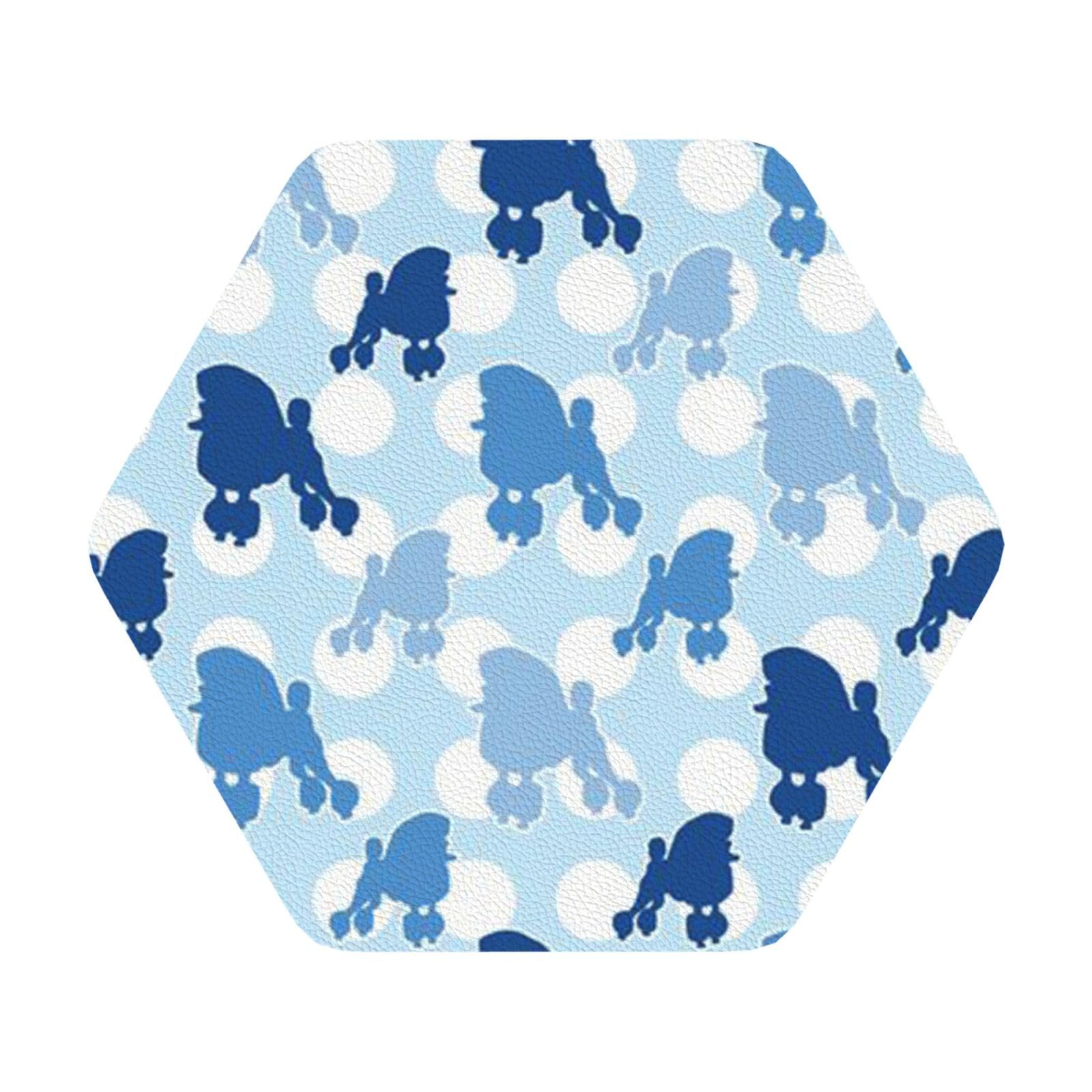 Blue Poodle Polka Dot PU Leather Coasters Set of 6 Hexagon Drink Coasters