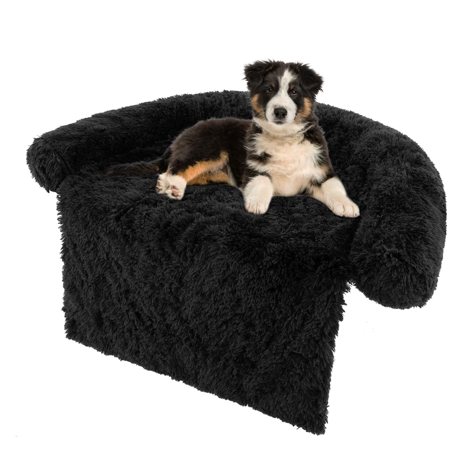COSTWAY Plush Dog Sofa Bed, Calming Pet Sleep Couch with Anti-Slip Bottom, Washable Cover, Soft Neck Bolster, Fluffy Puppy Cats Bed Mat for Small Medium Large Dogs (M, Black)