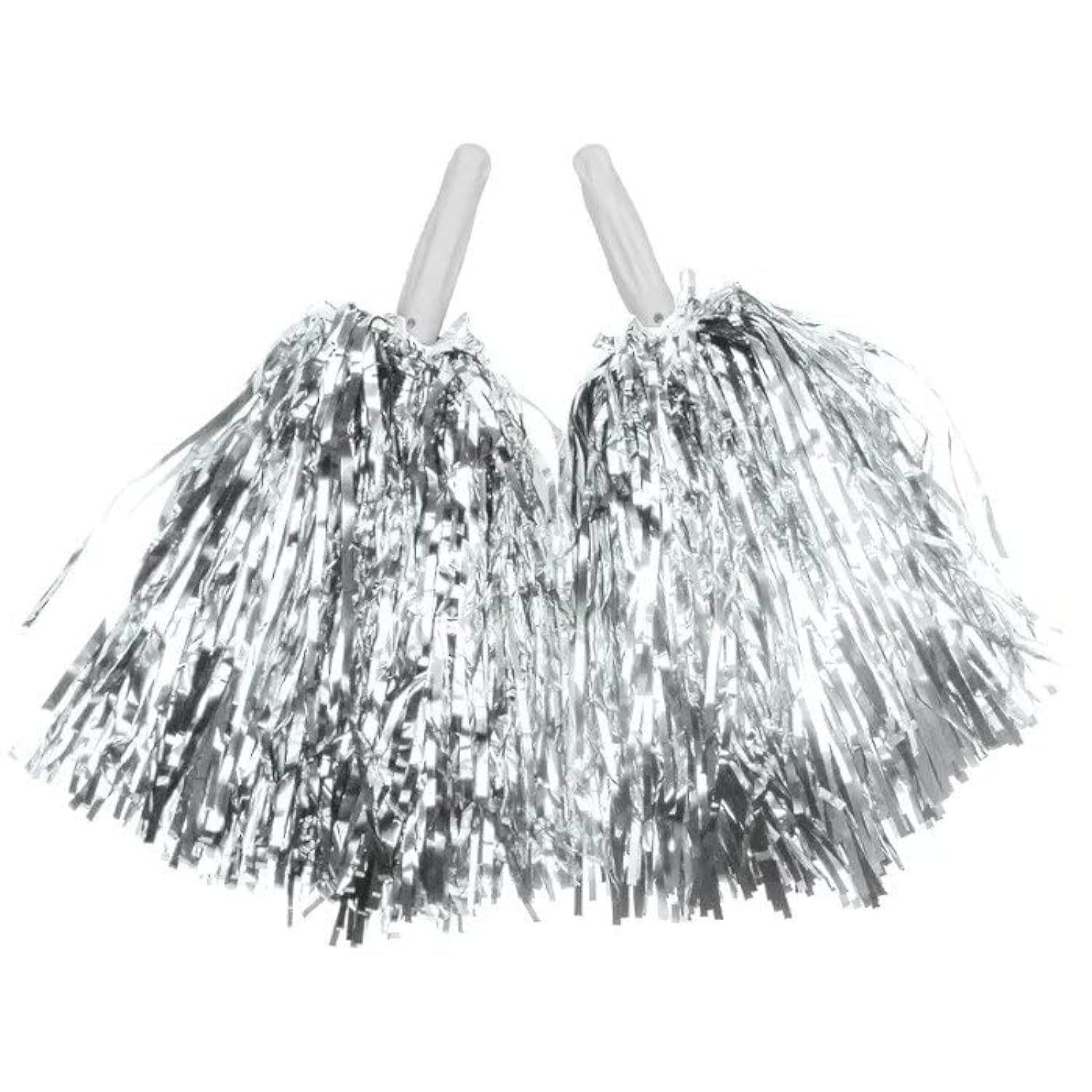 Goldedge Metallic Foil Plastic Cheerleading Pom Poms with Baton Handle for Stage Performance 2-Pieces Set, Silver