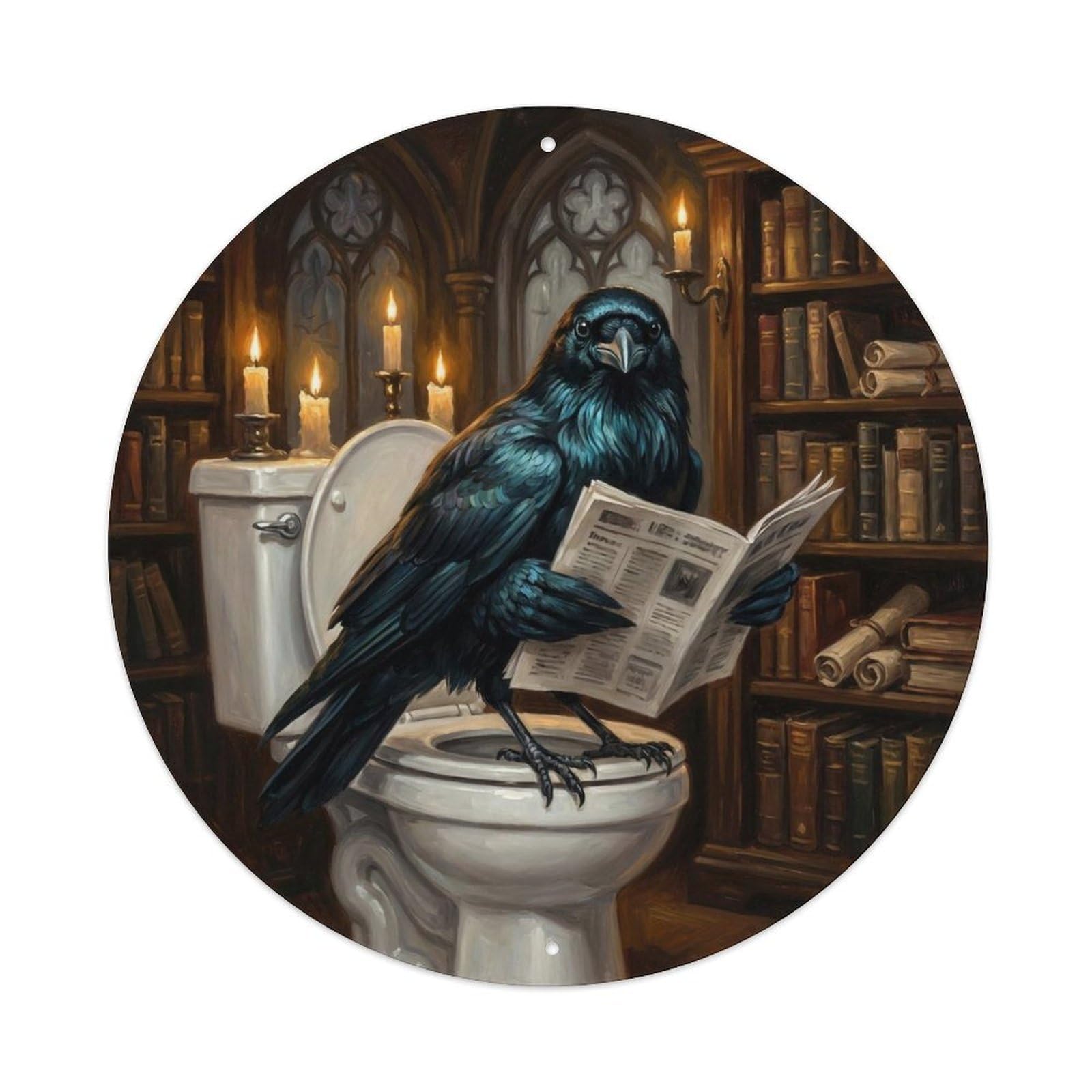 Raven On Toilet Humorous Bathroom Gothic Library Reads Metal Tin Sign