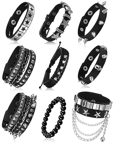 Hicarer 9 Pieces Spiked Studded Bracelet Black Leather Rivet Punk Bracelet Cuff Wrap Bangle Snap Button Metal Wristband for Men Women - Pentagram Style