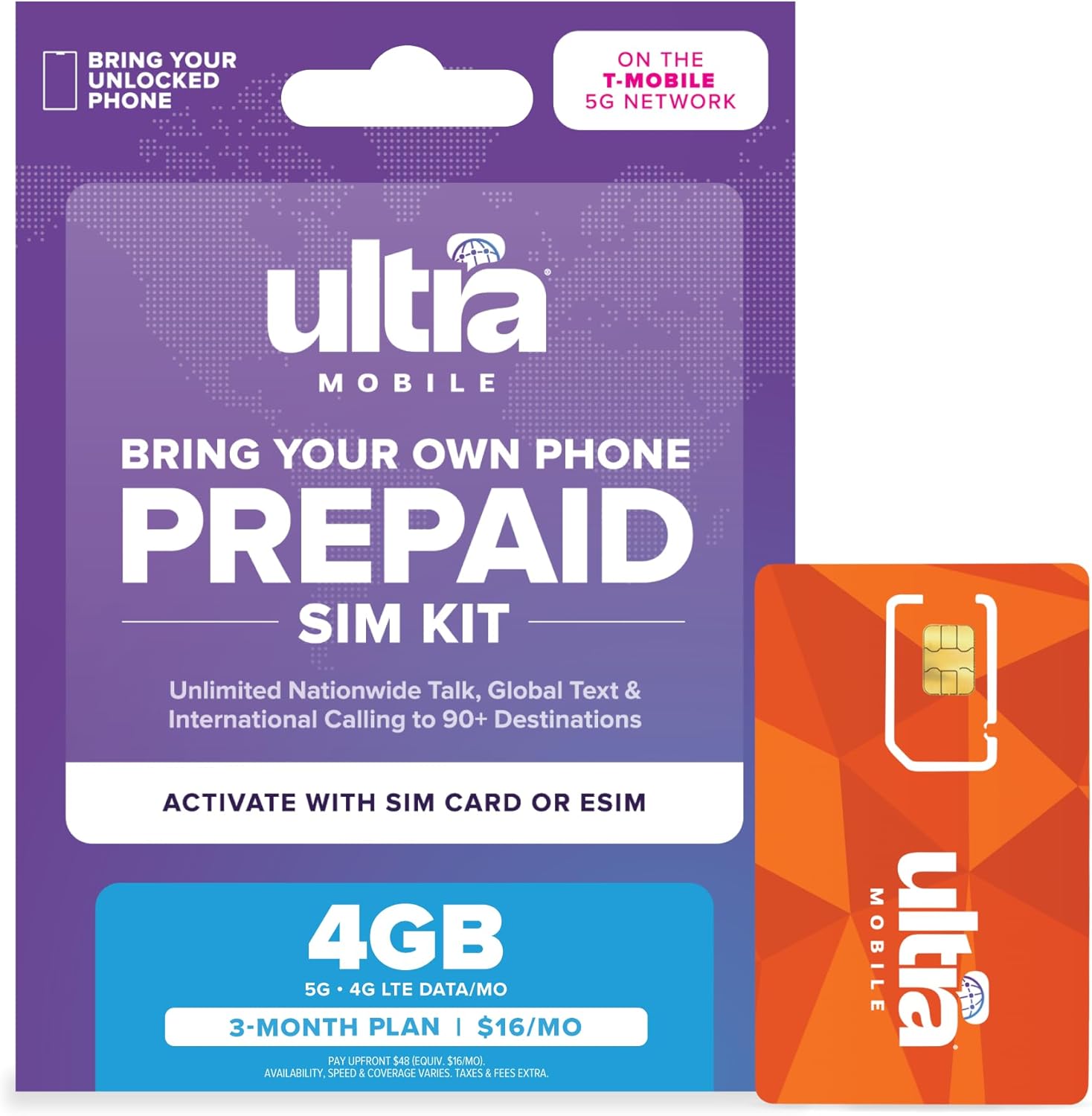 $16/mo. Ultra Mobile Prepaid Phone Plan with Unlimited Talk, Text, & 4GB of 5G • 4G LTE Data for 3 Months (3-in-1 SIM Card Kit)