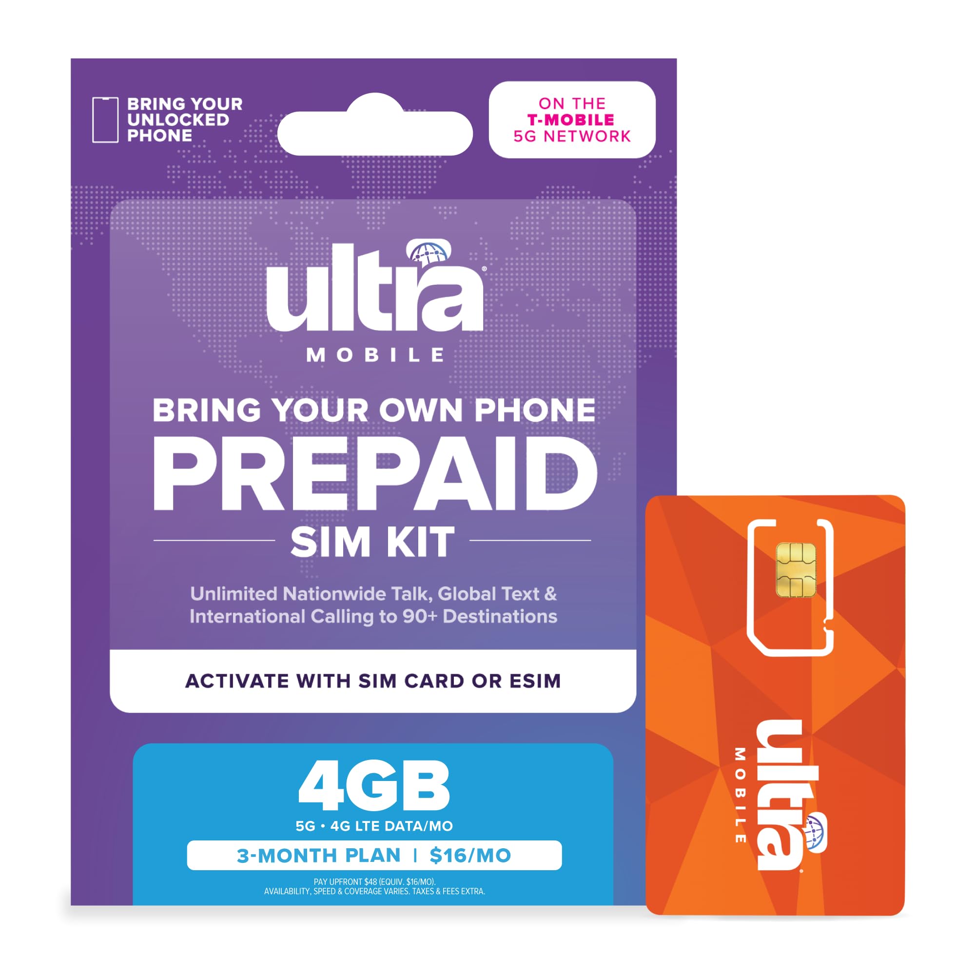 $16/mo. Ultra Mobile Prepaid Phone Plan with Unlimited Talk, Text, & 4GB of 5G  4G LTE Data for 3 Months (3-in-1 SIM Card Kit) 3-Month, 4GB