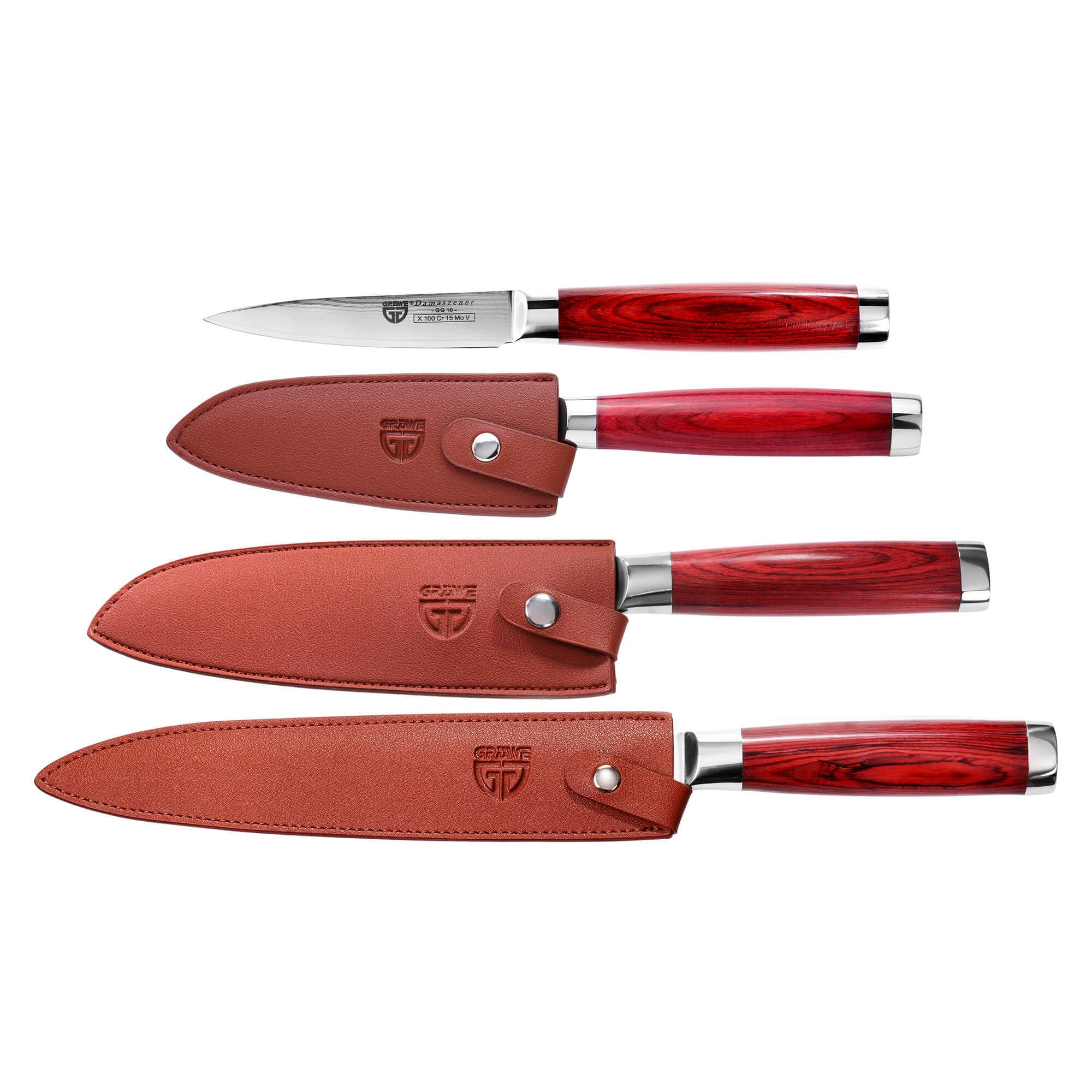 GRÄWE Juego de 4 cuchillos de Damasco Pakkawood, cuchillos de cocina profesionales: cuchillo multiusos Santoku, cuchillo de chef y fileteador, cuchillas afiladas, acero damasco de 66 capas, mango