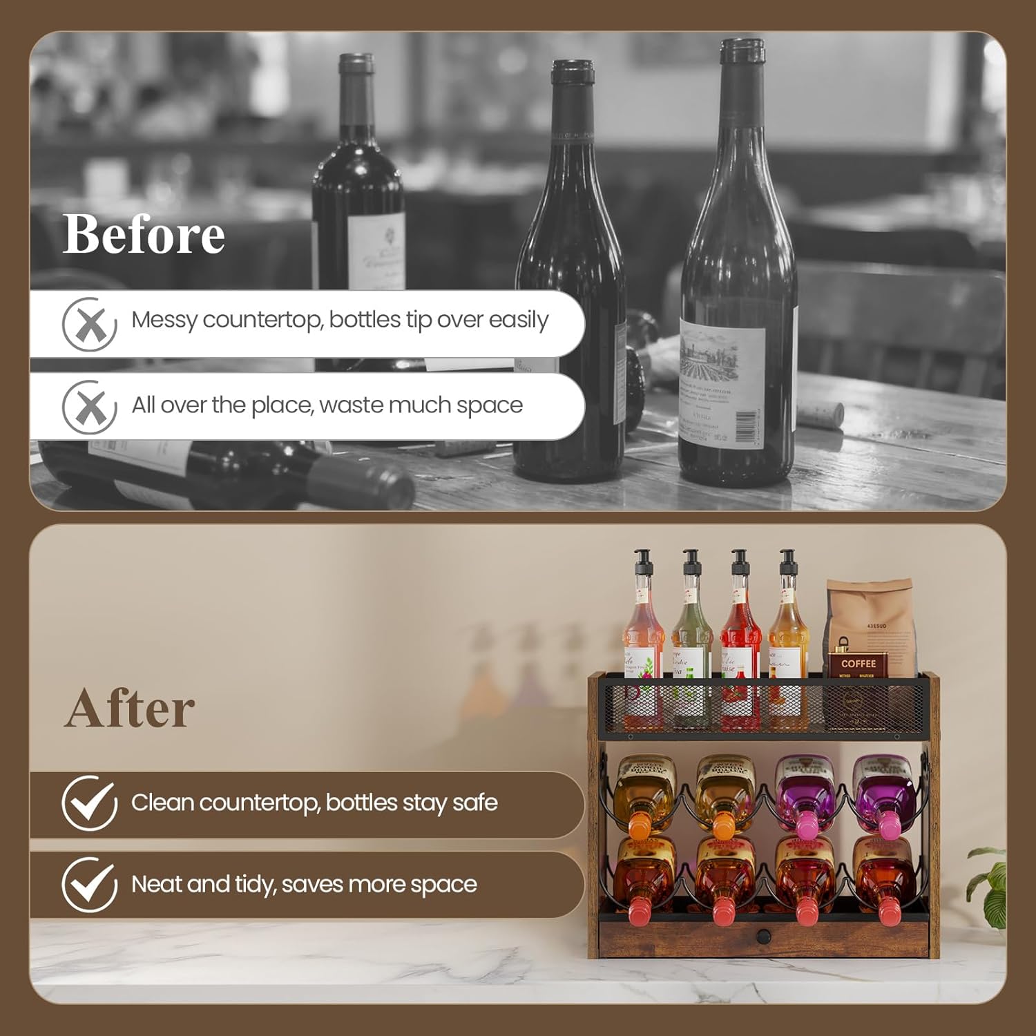 3-Tier Countertop Wine Rack, Coffee Syrup Rack Organizer With Drawer for Coffee Bar, Tabletop Liquor Bottle Display Shelf for Home Kitchens, Restaurants and Bar Counters, Holds up to 18 Bottles