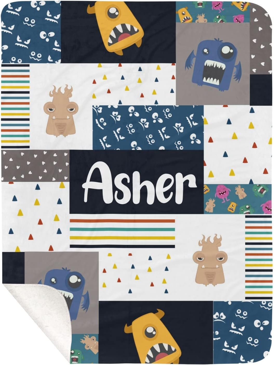 Monster Faux Patchwork Quilt Personalized Receiving Baby Blankets for Girls Boys Kids, Sherpa Fleece Blankets Gift for Newborn Crib Infants 30x40 Inches