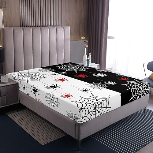 Miniatura 7 de Sábanas de araña roja de Halloween, telarañas, decoraciones de Halloween, juego de ropa de cama blanco y negro, sábana bajera ajustable de telaraña,
