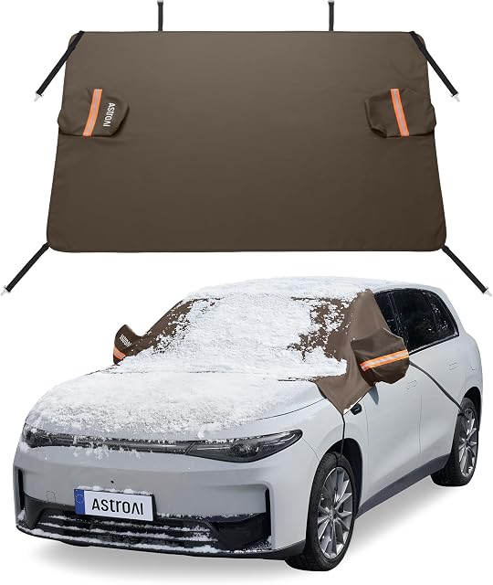 AstroAI Windshield Cover for Ice and Snow, 600D Oxford Fabric, Front Car Windshield Snow Cover, Winter Protection for Cars and Compact SUVs Wiper Mirror Protector Windproof Cover (Brown)
