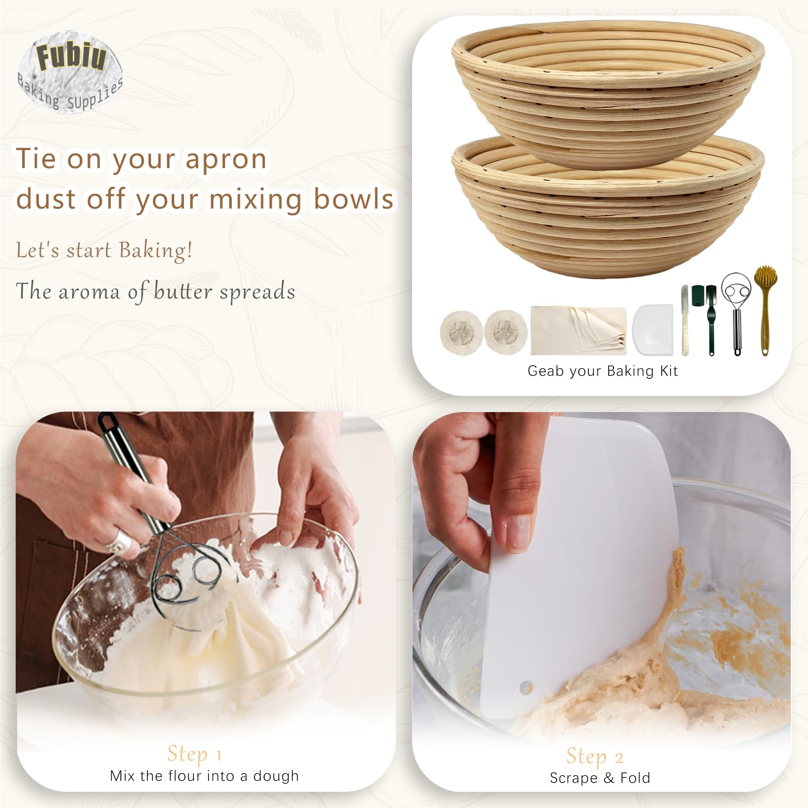 Natürliches, ungebleichtes Banneton, Sauerteig-Brot-Gärkörbchen-Set, 5 x 22,9 cm, runder Korb mit Brotbackzubehör, Banneton-Korb-Geschenk-Set, Primärfarbe