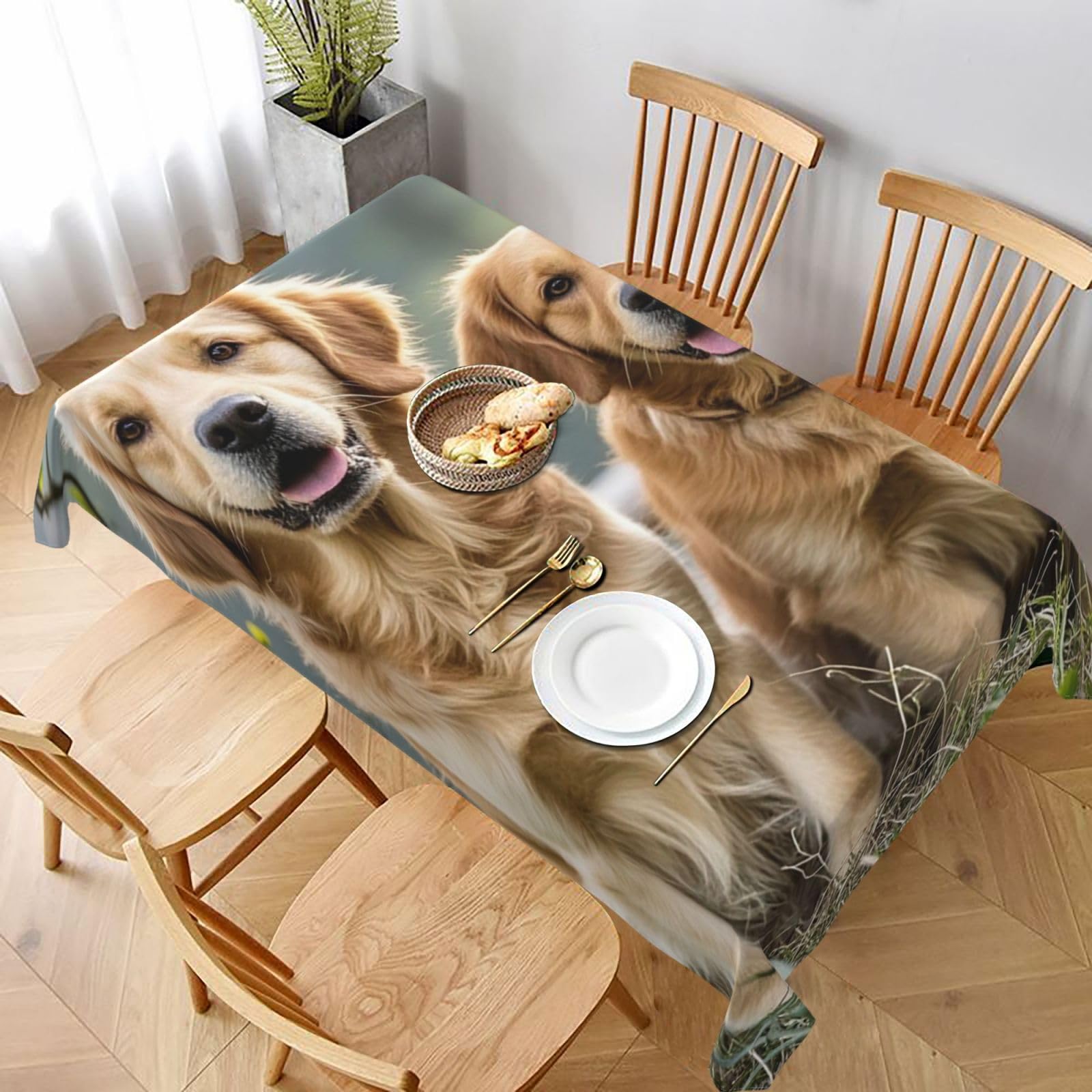 MXDLKSWPOH Table Cloths for Rectangle Tables 152x228 cm Waterproof Farmhouse Table Cloth Golden Retrievers Tablecloths Washable Wrinkle Free Table Cover for Dining Table Weddings Events Party Buffet