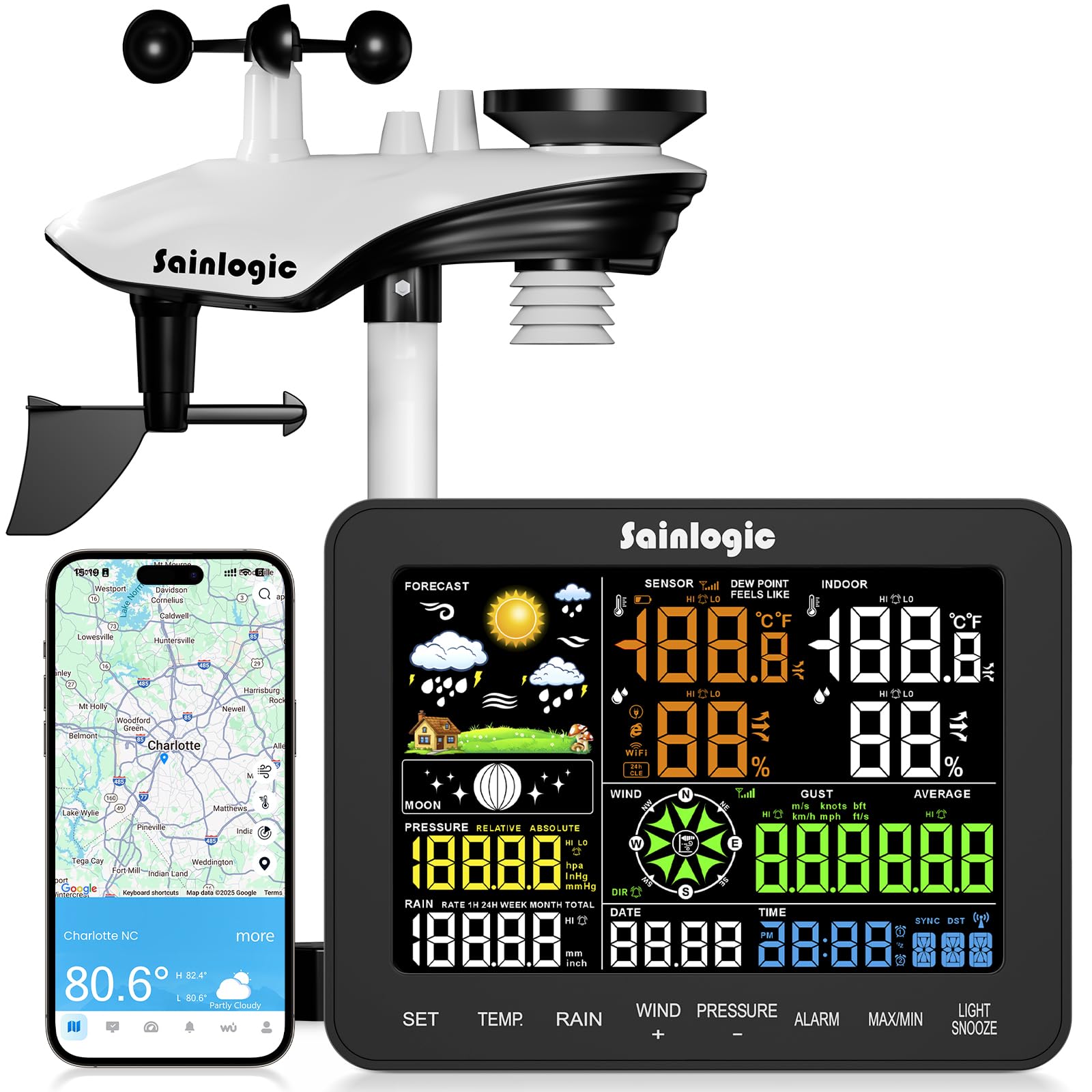 Sainlogic Stazione Meteorologica Intelligente WiFi Senza Fili, Previsione Meteo IA 24/7 Weatherseed®, Allarme App/Email, Anemometro e Pluviometro Digitale, Archivio Dati di 2 Anni