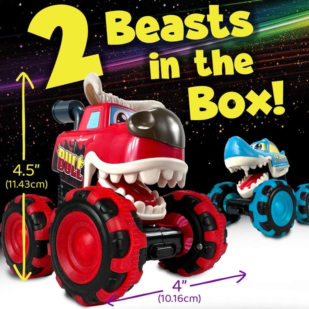 stargo 2 Pack Monster Truck Toy - Motion Activated Pull Back Light-Up Cars for Toddlers - Monster Shark & Bull with Lightning Wheels, Press & Go Cars for Easter Basket Stuffers & Boy Birthday Gifts