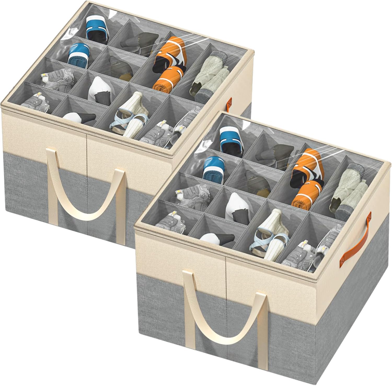 Aokeyee Shoe Storage Organizer for Closet, Large Shoe Box Storage Containers with Clear Cover and Reinforced Handles, Foldable Shoe Storage Organizer Box Bin, Fits to 12-16 Pairs, (Beige and Grey)
