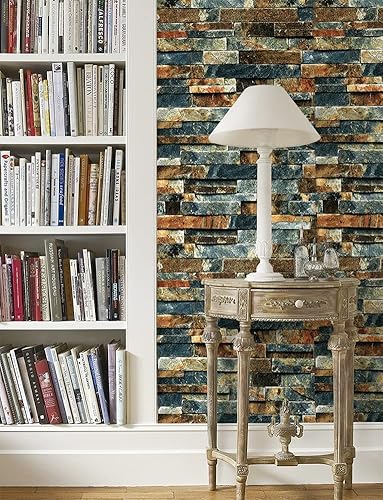 Miniatura 5 de F602 - Papel tapiz de ladrillo para despegar y pegar de 17.7 pulgadas x 9.8 pies, color azulrojo óxido, papel tapiz removible prepegado,