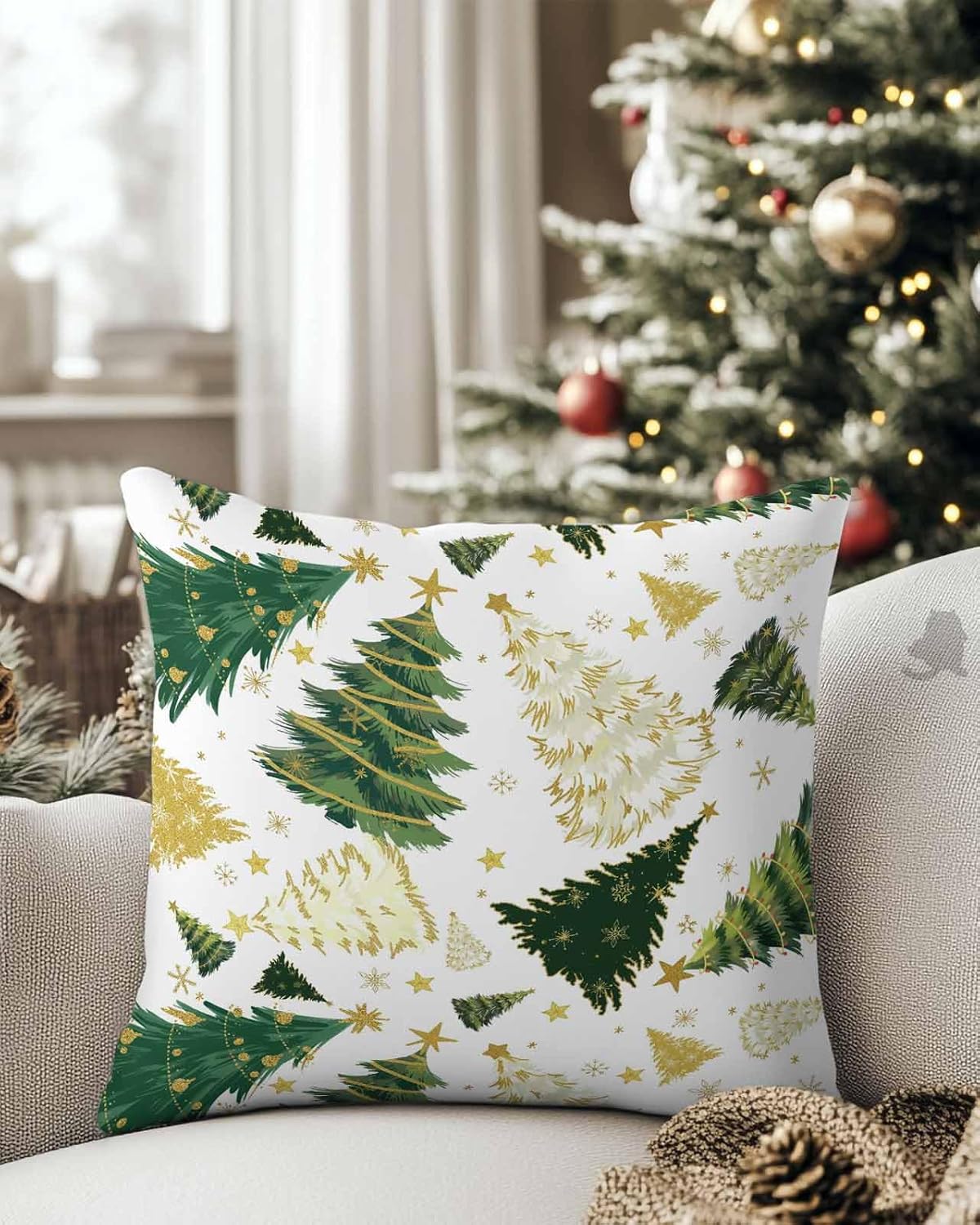 JasmineM Christmas Pillow Covers Green Christmas Trees Set of 2 Outdoor Throw Pillow Cover Stars Pine Tree Forest Winter Holiday Square Pillowcases for Patio Sofa Couch Bedroom Decorative 20x20IN