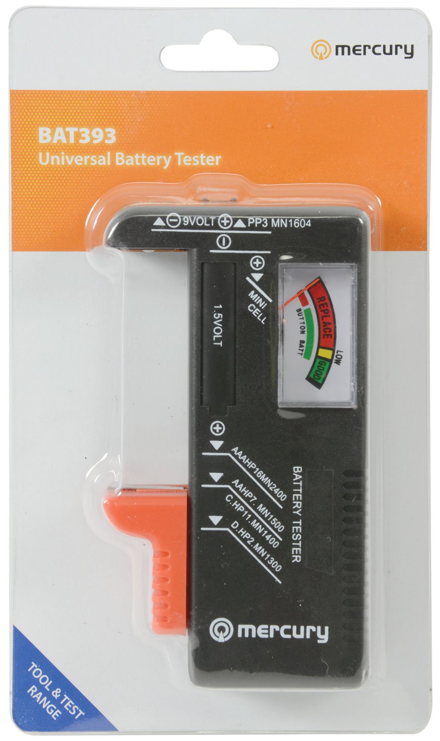 MERCURY Universal Analogue Battery Tester for AA, AAA, C, D, 9V PP3 & Coin Button Cells