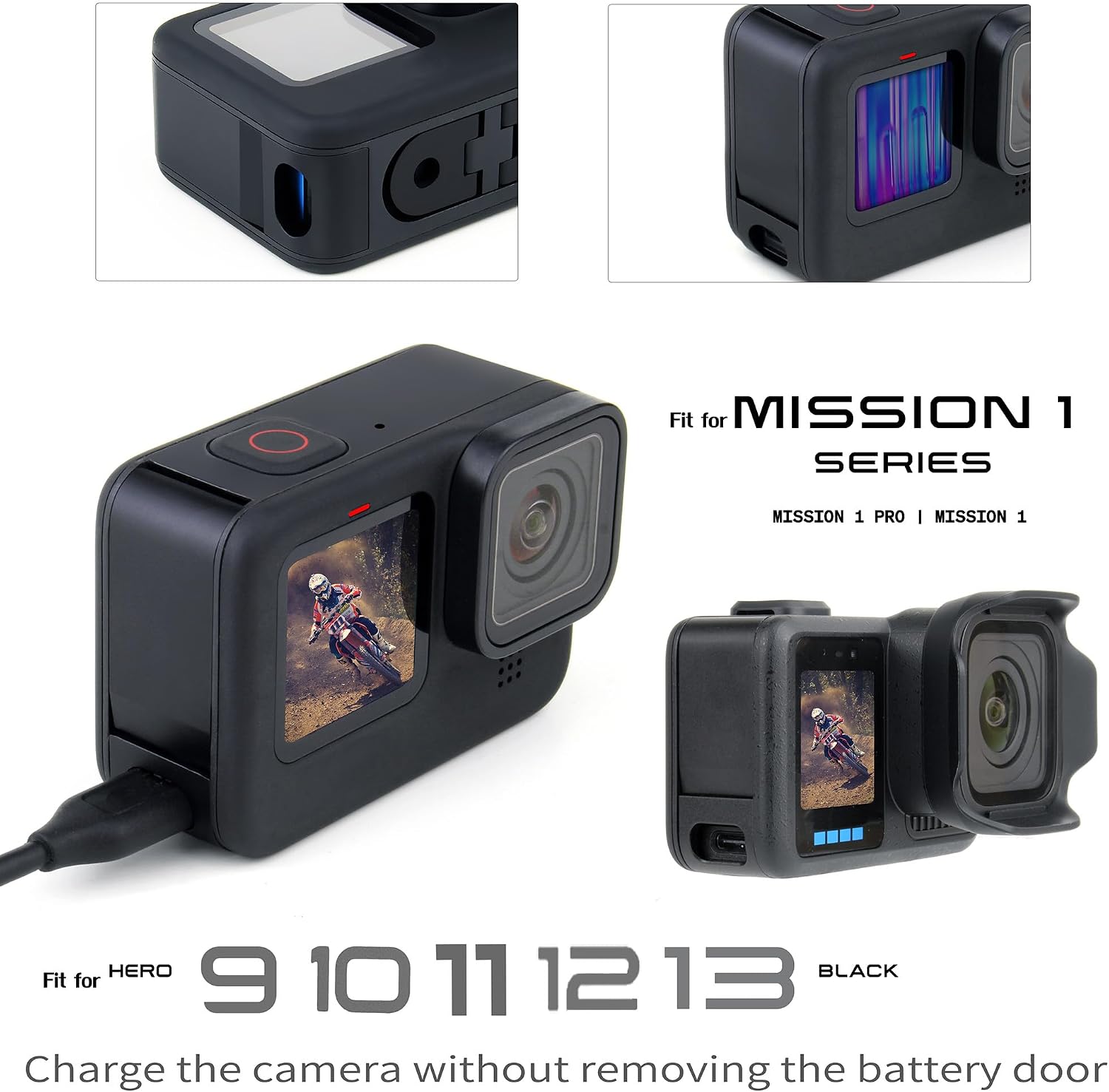 SOONSUN Aluminum Side Door Cover for GoPro Hero 13 12 11 10 9 Black, Mission 1, Mission 1 Pro, USB Pass-Through Charging Battery Door Cover