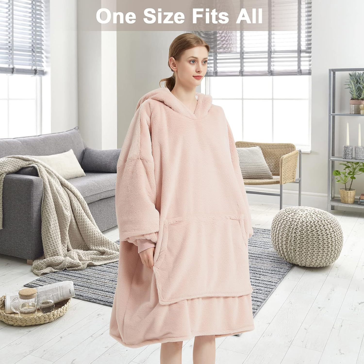 THREE POODLE Wearable Blanket Hoodie, Oversized Sherpa Blanket Sweatshirt for Adults Women Men Kids, Cozy, Warm and Fuzzy Hooded Blanket, One Size Fits All