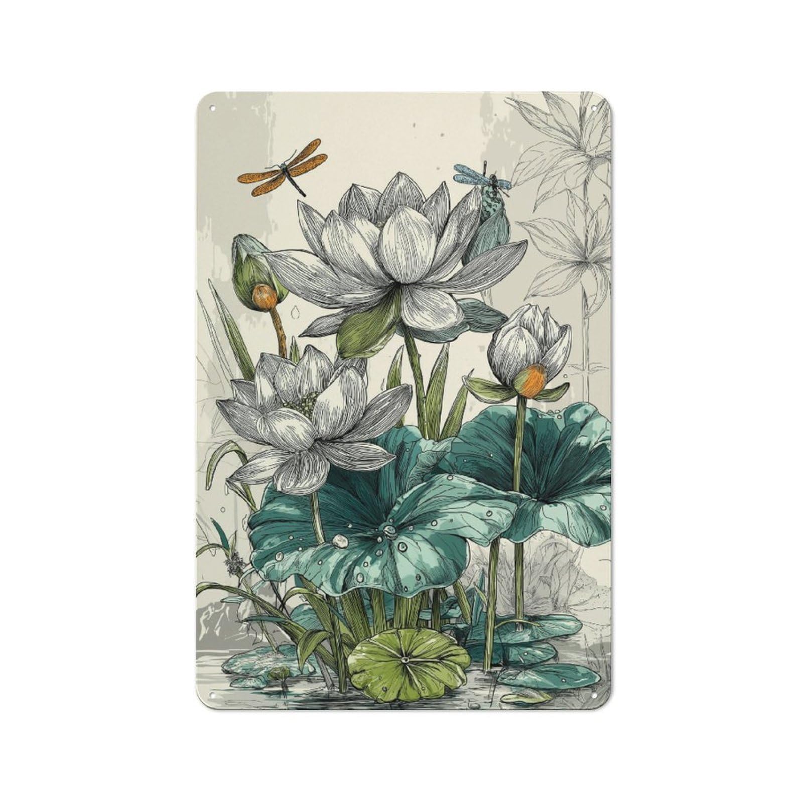 Junmoney Lotus And Dragonflies Vintage Metal Plaque 30X20cm For Dining Room Or Kitchen, For Home Decor Collectors Refreshing A Room In Autumn