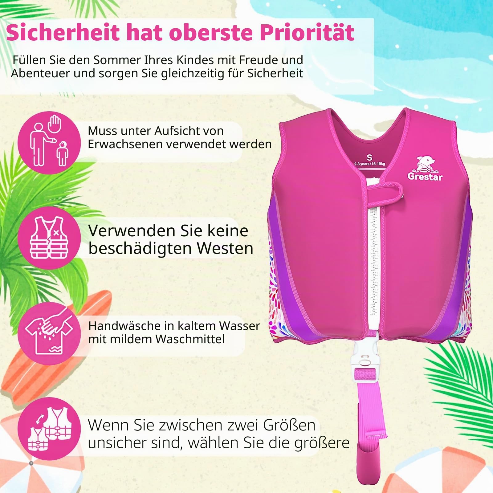 Schwimmweste Kinder, Schwimmhilfe Schwimmen Jacket mit 8 Herausnehmbaren EPE-Blöcken, Verstellbarem Schrittgurt & Sicherheitsverschluss für Jungen und Mädchen 2-6 Jahre/15-30KG