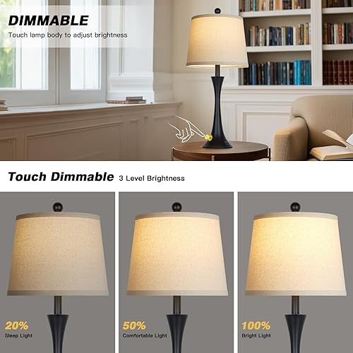 Miniatura 2 de 27.5" Table Lamps Set of 2, Touch Bedside Lamps with USB C+A Ports, 3 Way Dimmable Nightstand Lamps for Bedroom, Living Room, Office, Black Lamp
