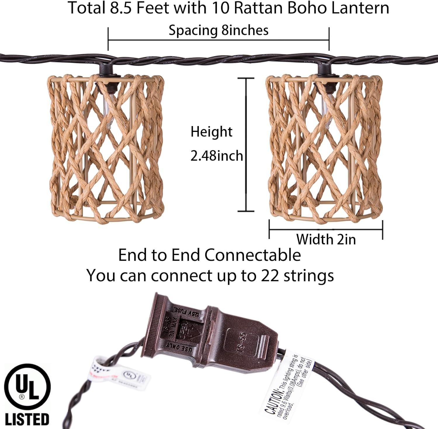 Decorative String Lights Plug in with 10 Incandescent Bulbs, Handwoven Rattan Cylinder-shaped Boho Lantern String Lights Connectable Weatherproof Outdoor Indoor for Bedroom Patio Pergola Decor (Beige)