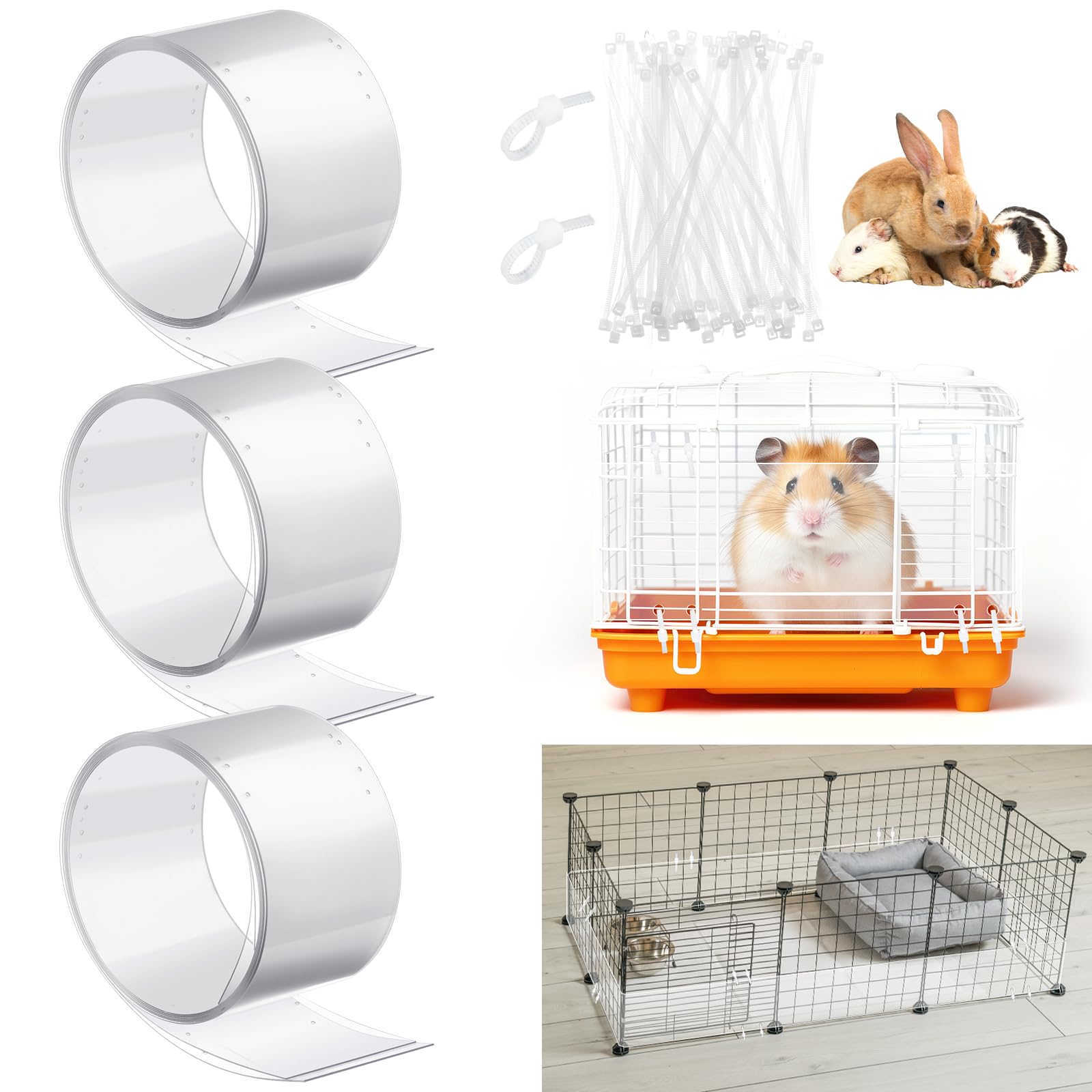 Juexica 3 Pcs 82.7 x 4.5 Inch Guinea Pig Cage Liner Clear Cuttable Critter Cage Liner with Pre Drilled Holes Urine Guard Extra Long Cage Liner with 150 Zip Ties for Rabbit Hamster Ferret Chinchilla