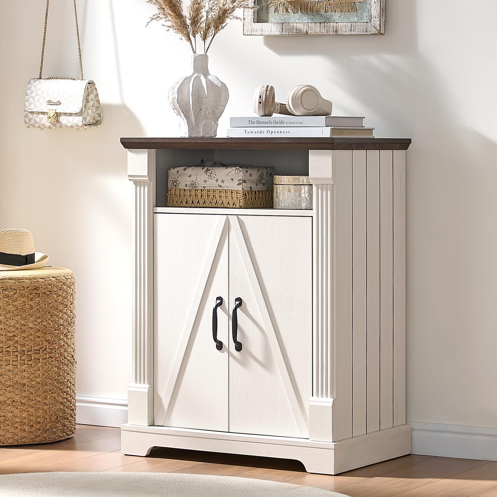 24" Farmhouse Storage Cabinet – Antique White Freestanding Buffet Sideboard with Barn Doors, Adjustable Shelf, Small Coffee Bar for Kitchen, Bathroom & Living Room
