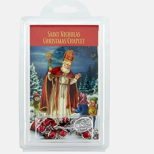 Miniatura 7 de Needzo Rosario rojo y plateado de San Nicolás con tarjeta de oración de bolsillo con coronilla, juego de regalo de Navidad católica, 9.75 pulgadas,