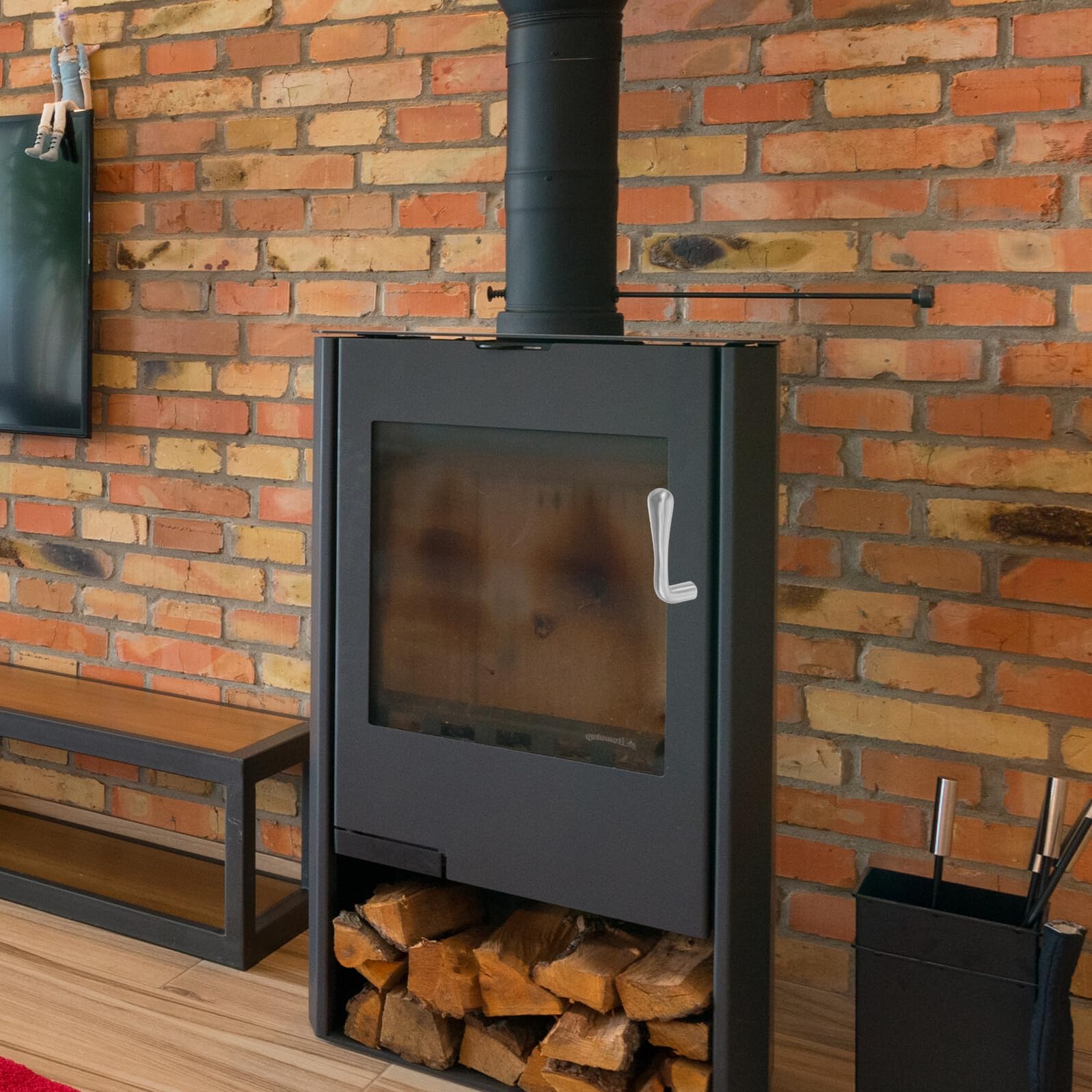 Edelstahl Kamingriff Ersatz für Holzofen, Silber, Federbelastet