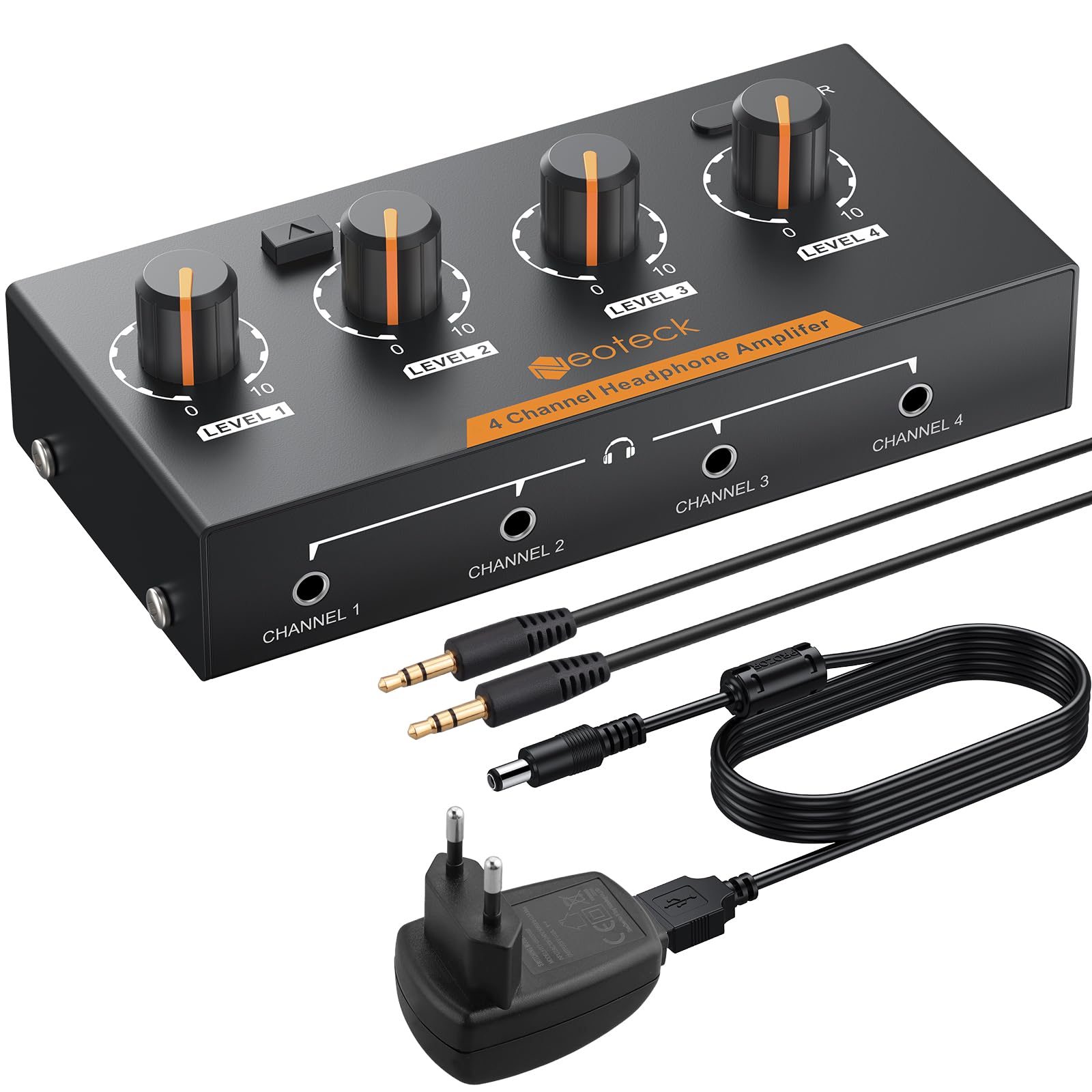 Neoteck Amplificateur de Casque Stéréo à 4 Canaux avec Commandes de Volume Amplificateur Audio en Métal Mono/Stéréo à 4 Canaux avec Câble Audio de 3,5 Mm pour Petits Groupes Club Bar Stage Mixer