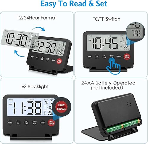 Miniatura 3 de Olipiter Reloj digital para durmientes pesados, despertadores para dormitorios, reloj digital LED, pantalla grande, reloj de escritorio USBbatería