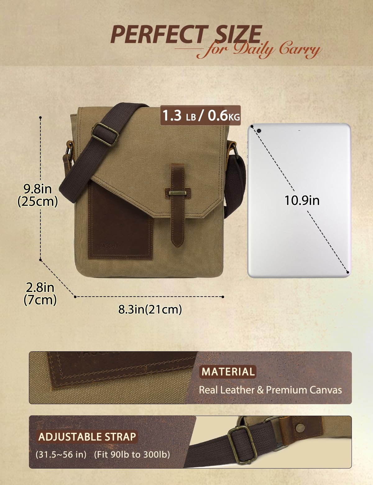 VASCHY Petit sac à bandoulière pour homme en toile vintage en cuir véritable - Sac à bandoulière classique pour le travail, l'école, la vie quotidienne