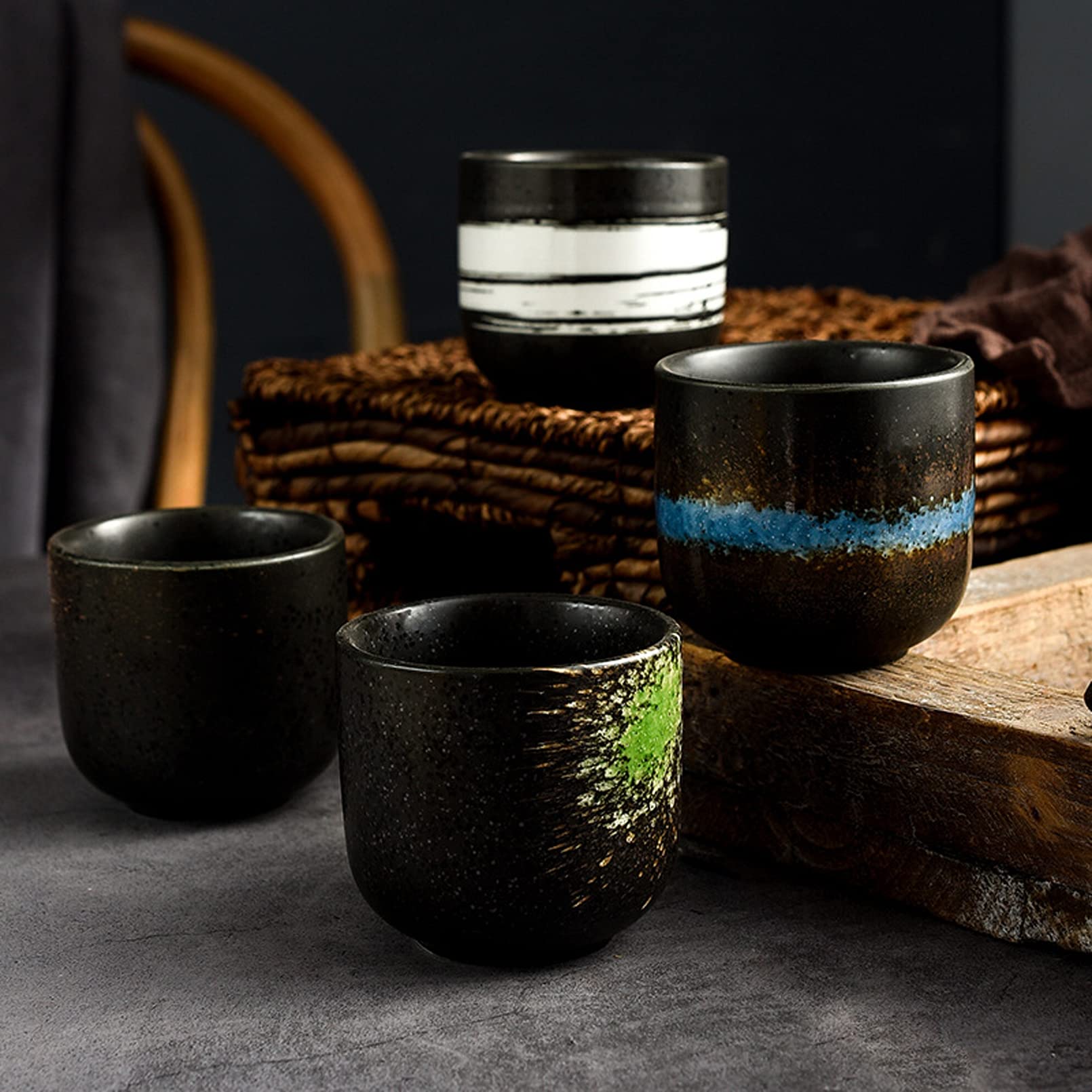 Tazas de té de cerámica, hechas a mano, de cerámica china, Kung Fu, tazas de té asiáticas de porcelana, sin asas, ideales para sushi y té