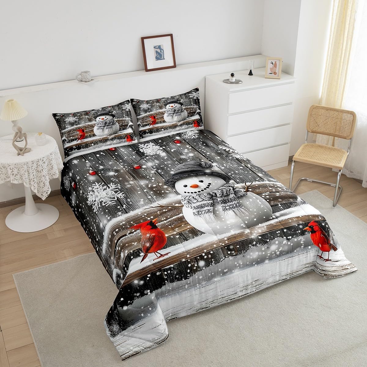 Feelyou Snowman Comforter Set Toddler Size Cartoon Snowman Bedding Set for Boys Girls Teens Bedroom Decor Merry Christmas Snowman Comforter Women Men Bird Wooden Duvet Set with 1 Pillow Case