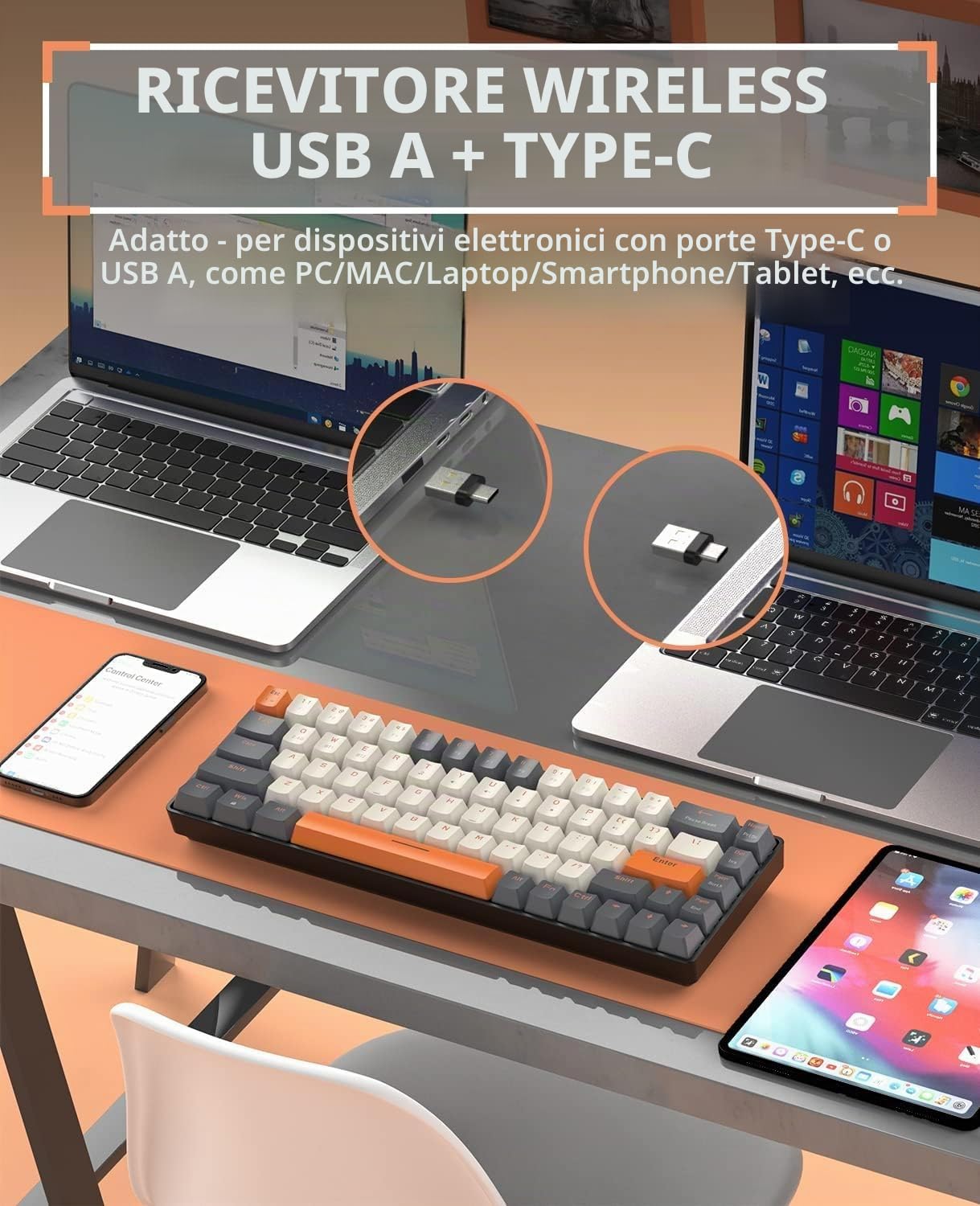 YINDIAO K68 Tastiera da Gioco Meccanica Wireless al 60%,68 Tasti Mini Tastiera Compatta Bluetooth 5.0/2.4Ghz con Ricevitore Dual Mode,Sostituibile a Caldo,Interruttore Rosso,per PC,MAC (Crepuscolo)