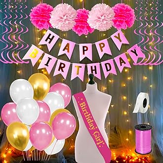 Party Propz Pink Birthday Decoration kit Combo Items - 48Pcs Set With Happy Bday Sash, Pom pom, Metallic Balloons, Birthday Paper Banner, Ribbon with Fairy Light For Kids, Girls, Woman