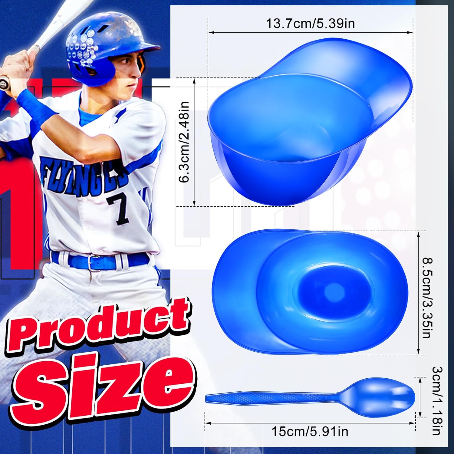 50 Set Baseball Helmet Ice Cream Bowls，50pc Spoons and 50pc 8oz Mini Dessert Cups Sundae Bowl Parfait Cups Appetizer Cup, Reusable Serving Baseball Cup Bowl for Birthday Party