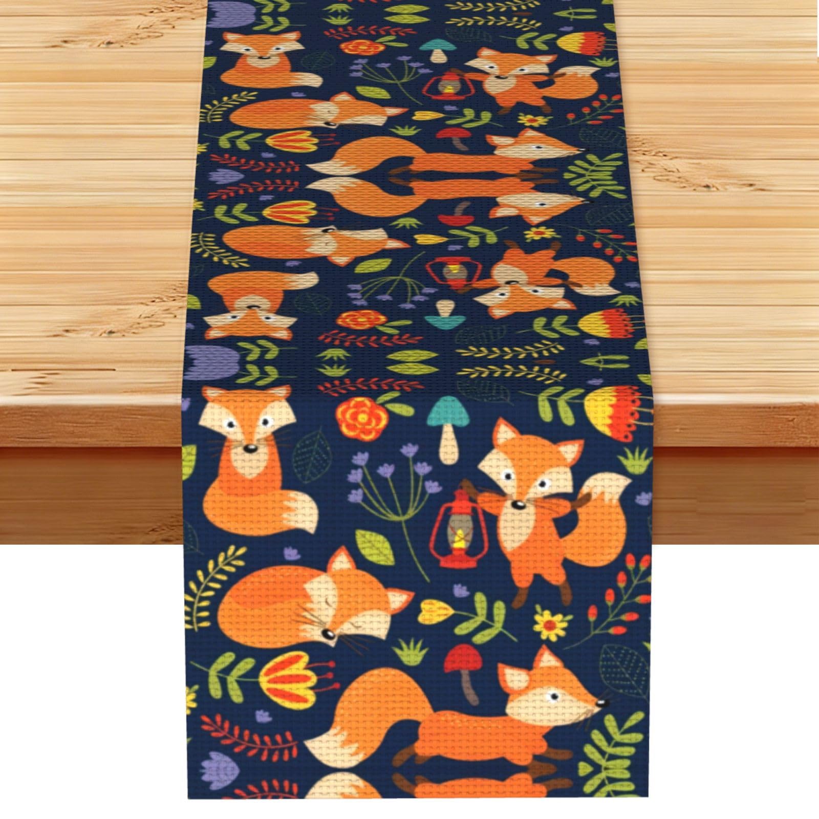 Cute Animal Fox Flower Linen Feel Table Runner Wedding Party Home Decoration