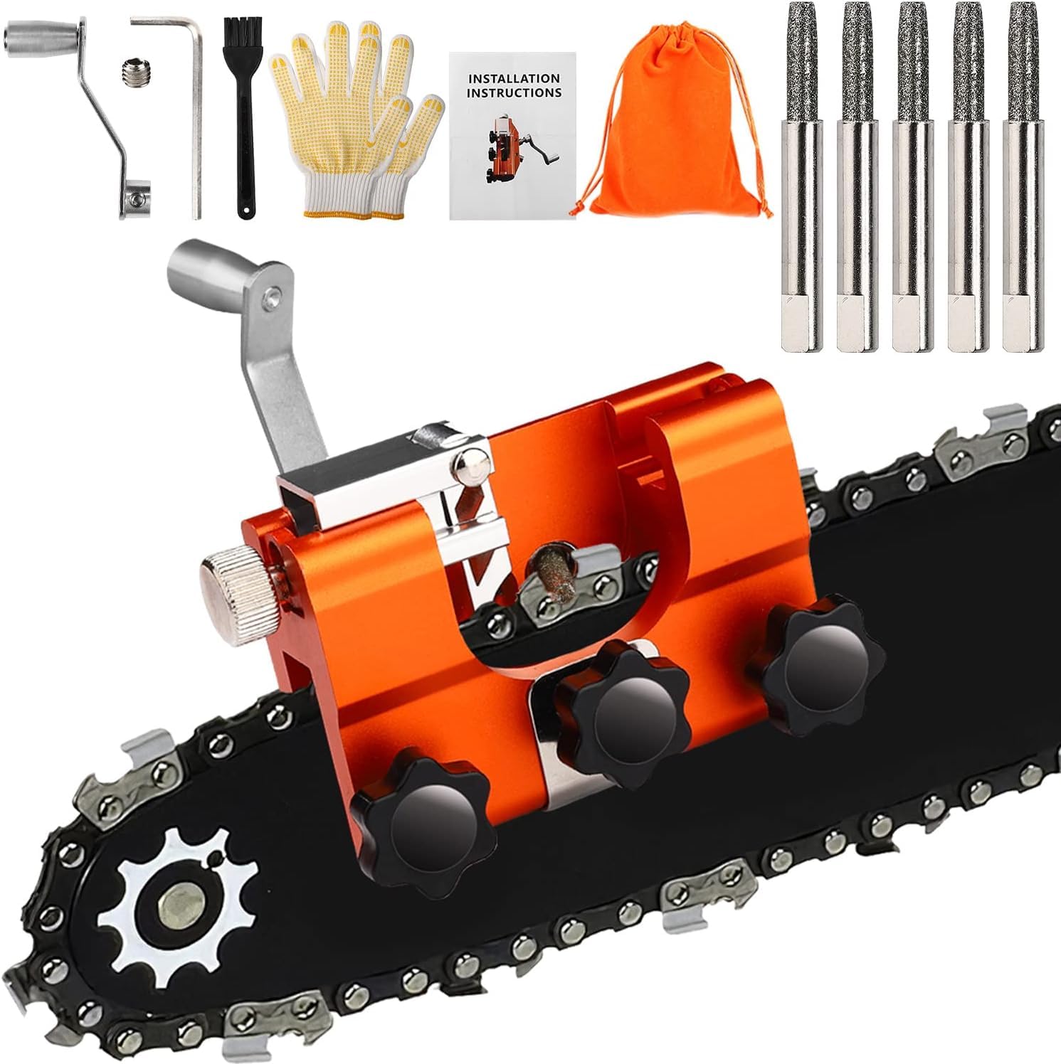 Allyplay Chainsaw Sharpener 2024 Upgrade Version Faster Chain Saw Sharpening Jig Kit Hand Cranked Portable Tool with 5 Sharpen Rods, Storage Bag, Gloves, Brushes Suitable for Most Kinds of Chainsaw